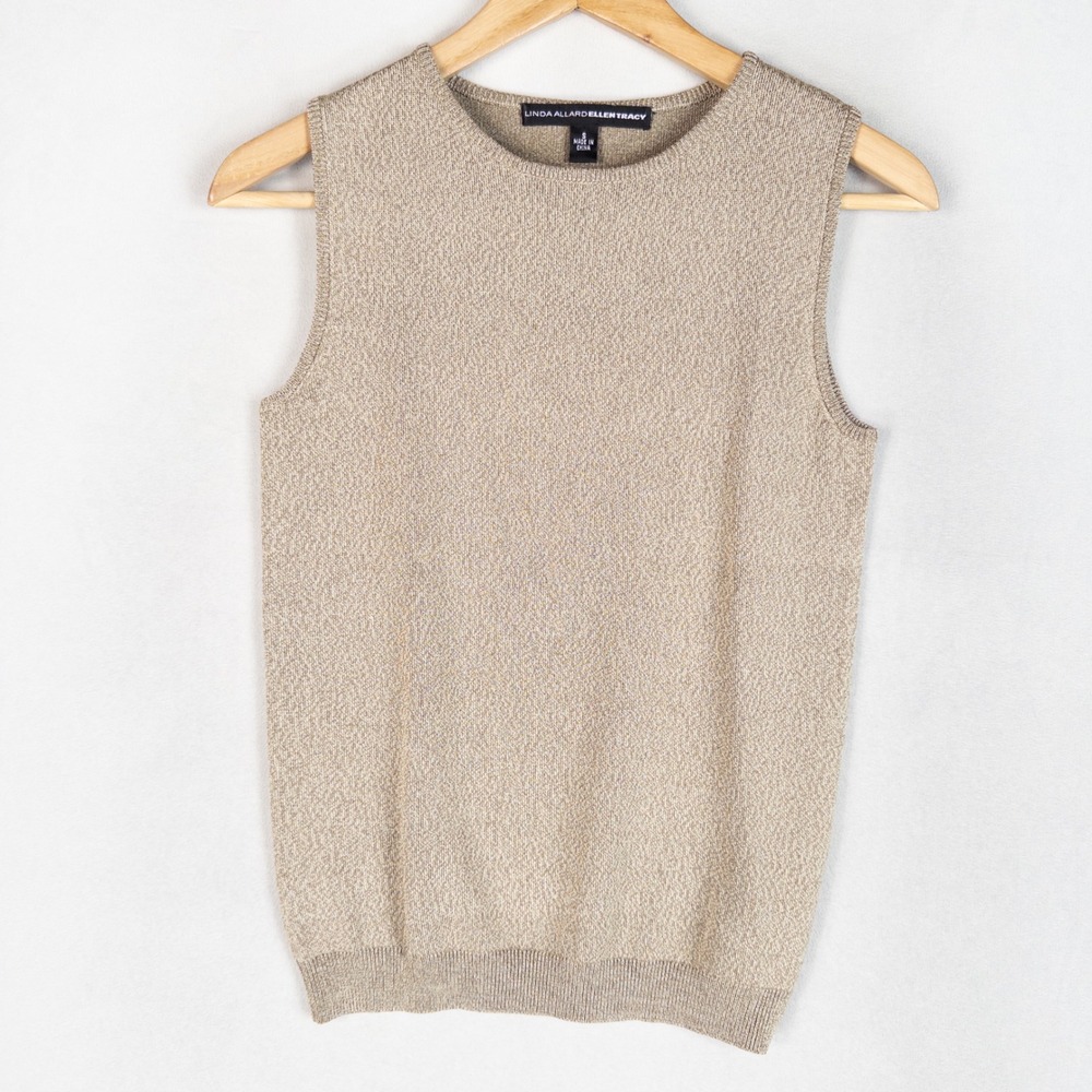 Linda Allard Ellen Tracy Womens Knit Shell Small Tan Silk Blend Sleeveless